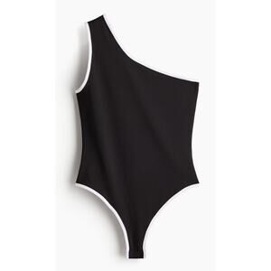 H&M One-Shoulder Thong Bodysuit Black White XS Stretch Sleeveless Snap Closure